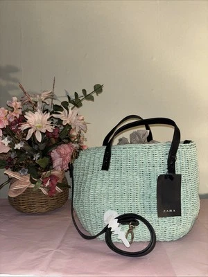 Zara Rigid Crossbody Rattan Box Top Handle Shoulder Basket Bag, Color Mint Green - Image 1 of 4