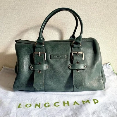Longchamp Hand Bag Tote Purse Leather Dark Green Authentic - Image 1 of 4