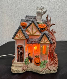 Vintage Halloween Lighted House Porcelain Ghosts Witch Jack o Lanterns WORKS - Picture 1 of 9