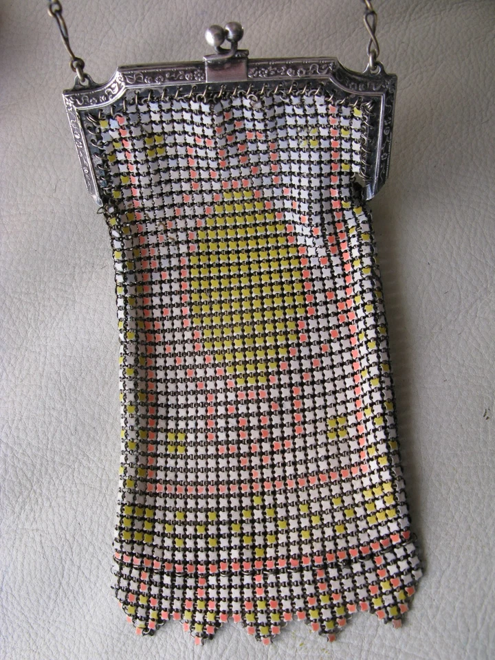 Antique Art Nouveau Deco Silver Frame Yellow Orange Enamel Chain Mail Purse W&D - Image 1 of 4