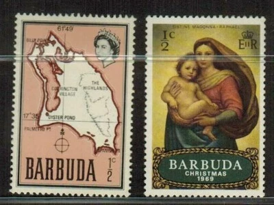 Barbuda Mint Hinged Set of 2 Stamps 1959 Map 1969 Christmas Fast Free US Ship - Image 1 of 2