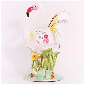 Bejeweled Enameled Animal Trinket Box/Figurine With Rhinestones-White Flamingo - Picture 1 of 4