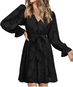 Women’s Plus Size Wrap V Neck Lace Tie Waist Mini Party Dress - Picture 1 of 5