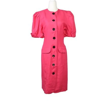 Vestido Vintage Años 80 Nipon Boutique Rosa Caliente Mezcla de Lino Hasta la Rodilla 6 Foto 1 de 4
