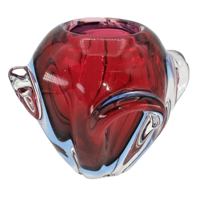 Vintage Hand Blown Ruby & Clear Glass accent Votive Candle Holder Vase 4" - Image 1 of 4