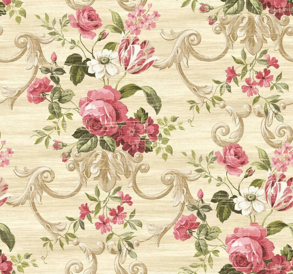 Wallpaper Large Pink Red Green Floral Scroll on Beige Cream Faux, 60 sq ft bolt - Image 1 of 1