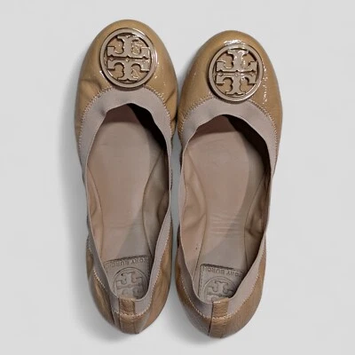 Sapatos femininos Tory Burch 8,5 M caroline sapatilhas de balé marrom couro envernizado conforto - Imagem 1 de 4