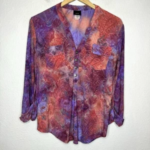 Y2K Embroidered Tie Dye Top Henley Womens Medium Petite Purple Pink Artsy Blouse - Picture 1 of 13