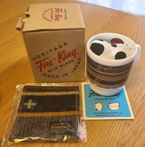 Fire-King Stacking Mug PENDLETON Scout Stripe Milk White w/Coaster 7.3oz JAPAN - Picture 1 of 2