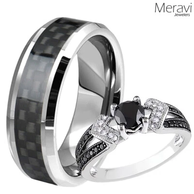 Conjunto de anillo de boda banda de tungsteno de fibra de carbono negro plata esterlina circonita cúbica [el suyo y ella] Foto 1 de 4