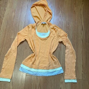 Vintage Y2K 90s Energie Junior Hooded Crop Sweater XL Lace Orange Yellow Layered - Picture 1 of 7