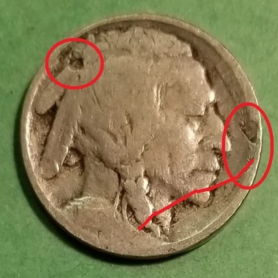 1913 (P) T1 5c Obv Lamination Error / Planchet Flaws on Type 1 Buffalo Nickel - Image 1 of 4