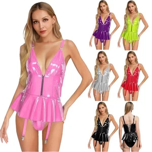 Sexy Mujeres Cuero PU Cuello en V Body Con Cordones Ligas Vestido Eslinga Fiesta Prendas para club nocturno - Imagen 1 de 86