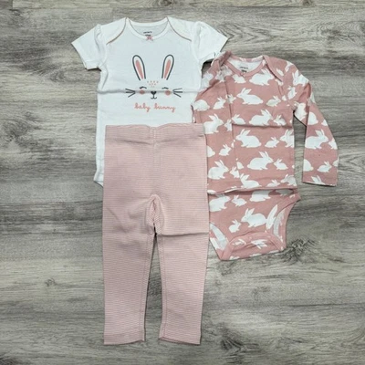 Carters Baby Girl 18M 3 Piece Set Bunny Bodysuit Top Pants NWT Easter - Image 1 of 4