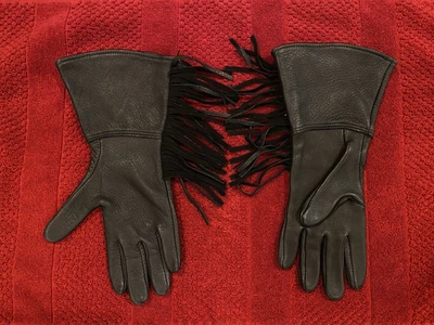 Vtg Cattle Kate Women's Black Leather Cowgirl Gauntlet Gloves w/Fringe size 7 - Image 1 of 4