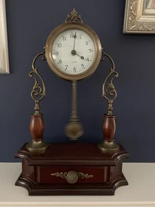 Vtg Quartz Brass & Wood Pendulum Mantle Clock Unique Design Front Drawer 17” T - Picture 1 of 8
