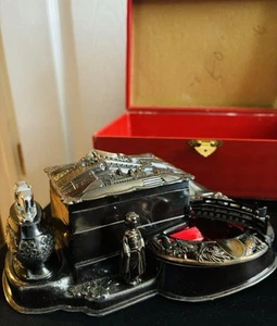 Japanese Smokers Desk Metal Ashtray Music Box Cigarette Holder And Lighter Old - Picture 1 of 24