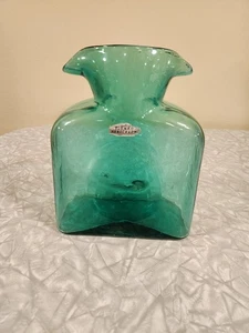 Blenko VTG Water Pitcher Bottle Double Spout Aqua Green Handcrafted USA Sticker - Picture 1 of 14
