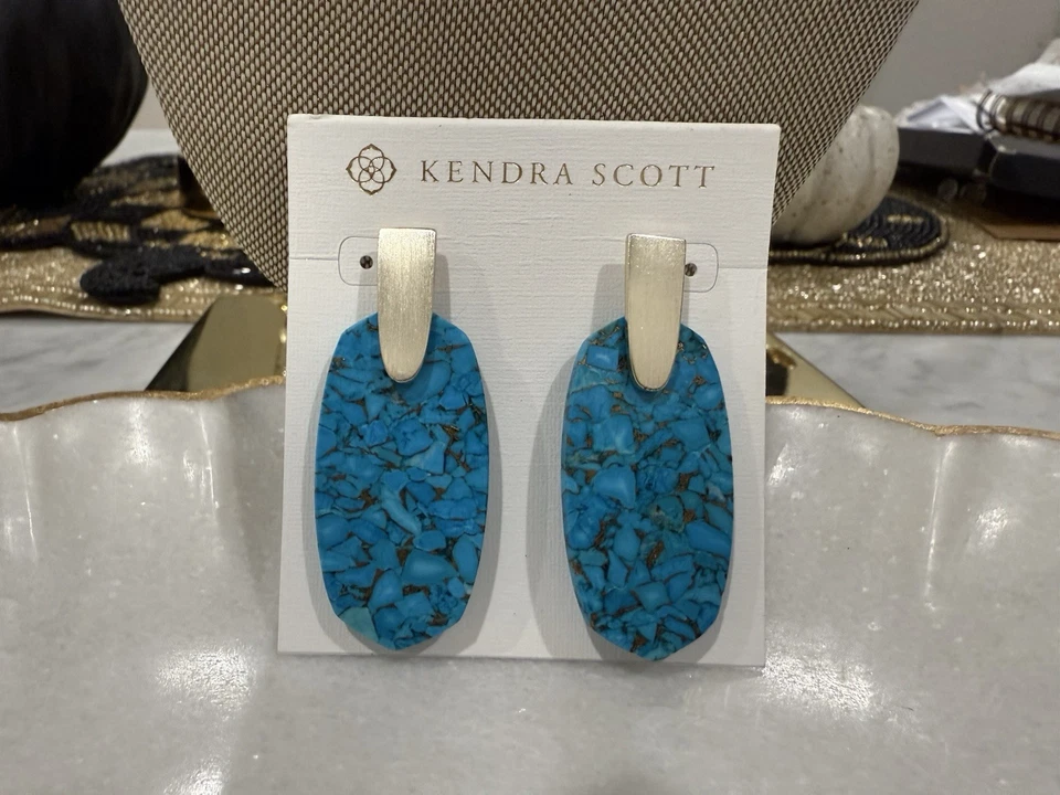 Kendra Scott Aragon Bronze Veined Turquoise Earrings NWT - Image 1 of 1