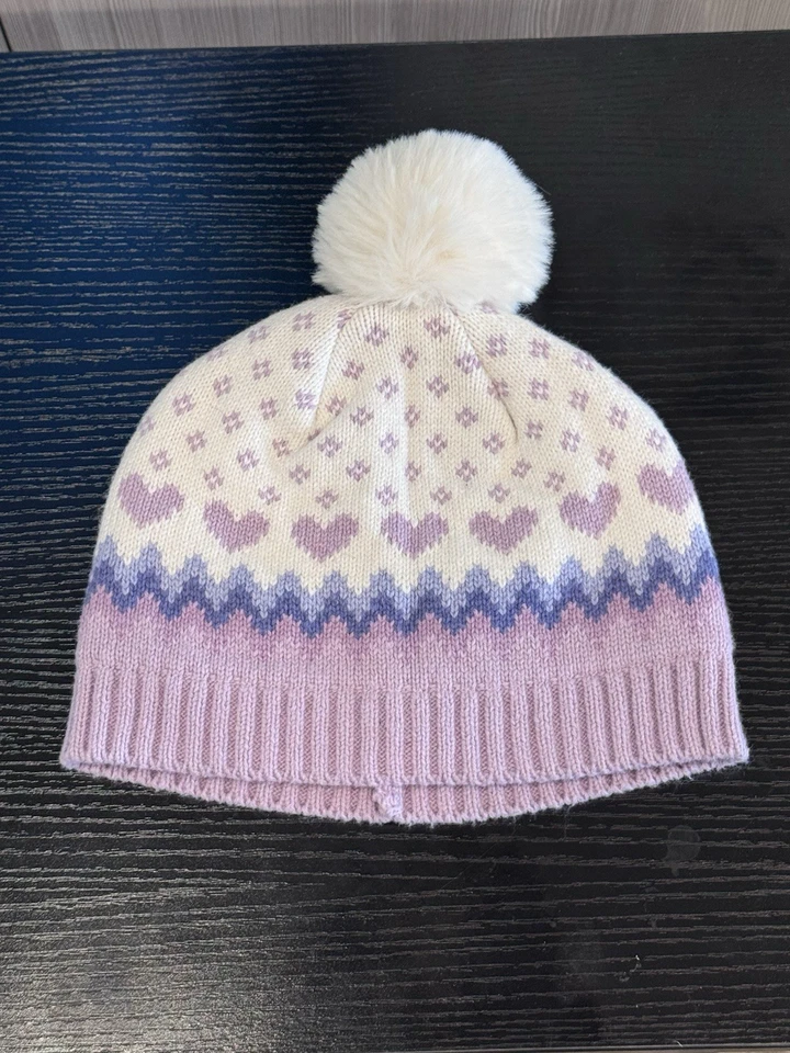 Janie and Jack Heart Intarsia Winter Beanie 2T–3 Pink Purple Pom Pom Knit Hat - Image 1 of 3