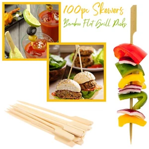 100 Wooden Skewers Bamboo BBQ Flat Barbecue Paddle Sticks Grill Kebab Fruit Pick - Picture 1 of 14