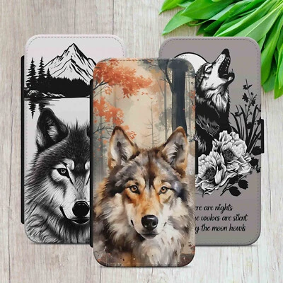 GREY WOLF FLIP CASE FOR IPHONE SAMSUNG GOOGLE SKETCH ART GIFT WALLET PHONE COVER - Image 1 of 4