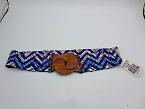 Cintura Elastica Perline con Fibbia in Legno Blu Turchese Perline Bianche Taglia M/L - Foto 1 di 6
