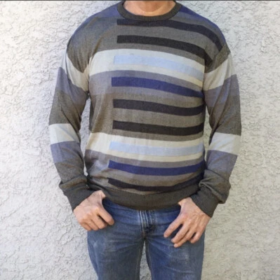 Perry Ellis Silk Wool Vintage Color Block Striped Knit Pullover Crewneck Sweater - Image 1 of 4