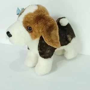 Brown White Beagle Blue Bow Puppy Dog Plush Stuffed Animal 10" Long Realistic  - Picture 1 of 4