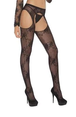 Lace Suspender Pantyhose Crotchless Floral Dotted Hosiery Nylons Black 1895 - Image 1 of 3