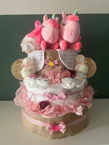 Windeltorte Zwillinge Einhorn Mädchen Geburt Geschenk Taufe XXL 170 Windeln - Bild 1 von 1