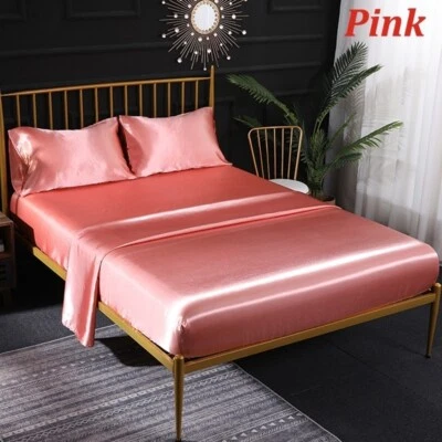 Solid Satin Silk Bedding Set Bed Flat Sheet Fitted Sheet Pillowcase Bedspread - Image 1 of 4