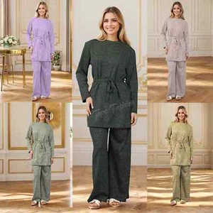 Women's 2 Piece Belted Needle Ribbed Long Sleeves Loungewear Set Modest Wear UK - Picture 1 of 7
