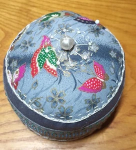 Blue grey butterfly Floral Fabric Pincushion with lace velvet ribbon trim, pearl - Picture 1 of 4