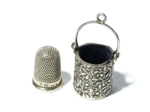 1888 Solid Silver Chatelaine Bucket Shaped Thimble Holder & 1897 Thimble Cover
