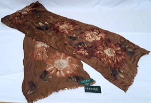 Sciarpa Lauren Ralph Lauren vintage etichetta verde pura seta fiori marrone oblunga 57" - Foto 1 di 7