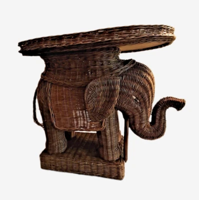 MCM BOHO Wicker Rattan Elephant Table Brown Indoor Outdoor Plant Stand 22 inch H - Image 1 of 4