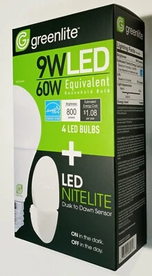 4-9W LED Light Bulbs + LED NITELITE GREENLITE  A19 60W Equivalent 3000K 800Lumen - Image 1 of 4