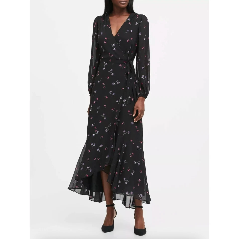 Banana Republic Long Sleeve V-neck Wrap Dress Black Floral Wedding Guest Size 4 - Image 1 of 4