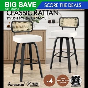 ALFORDSON 4x Bar Stools Kitchen Vintage Leather Seat Rattan Chair Black White - Picture 1 of 11