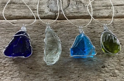 Lote de 4 piezas de collares colgantes envueltos en alambre de plata de vidrio Blenko Foto 1 de 3