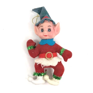 Vintage beflockte Pixie Elfe Christbaumschmuck braune Haare blaue Augen - Bild 1 von 8
