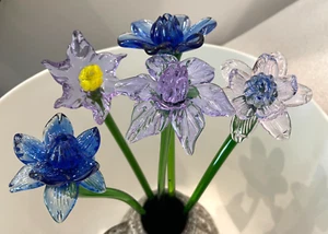 Set of 5 - 19" Long Stem Lavender Blue Glass Flower - Murano Hand Blown Art #23 - Picture 1 of 22