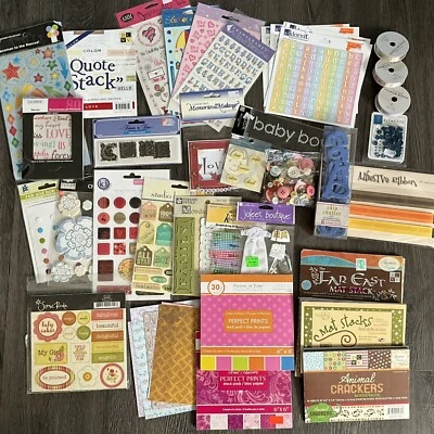 Junk Journal Supplies Lot Stickers Buttons Matting Paper Rub-ons Ribbon Brads - Imagen 1 de 4