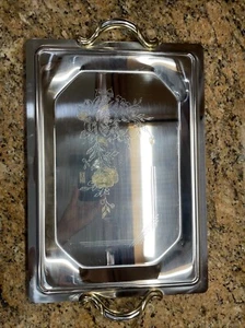 Vtg MGM Inox 18/10 Serving Tray Floral Gold Etch Italy - Picture 1 of 6