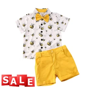 2PCS Toddler Boy Cute Bee Lapel Button Down Shirt Top and Shorts Infant Outfits - Picture 1 of 11