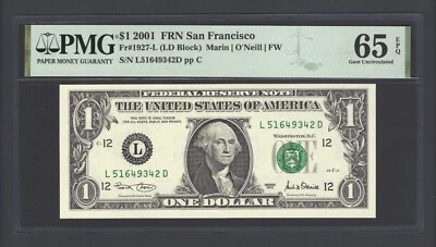 United States-Federal Reserve 1 Dollar 2001 Fr#1927-L (LD Block) UNC Grade 65 - Image 1 of 2