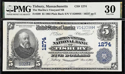 1902 $5 Martha's Vineyard National Bank Of Tisbury, MA #1274 PMG VERY FINE 30 - Image 1 of 4