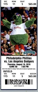 Los Angeles Dodgers vs Philadelphia Phillies 8/18/2016 Ticket Phillie Phanatic - Picture 1 of 2