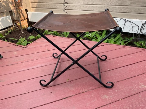 Vintage Antique Leather Saddle Hand Forged Wrought Iron Folding Bench Stool Rare Cover